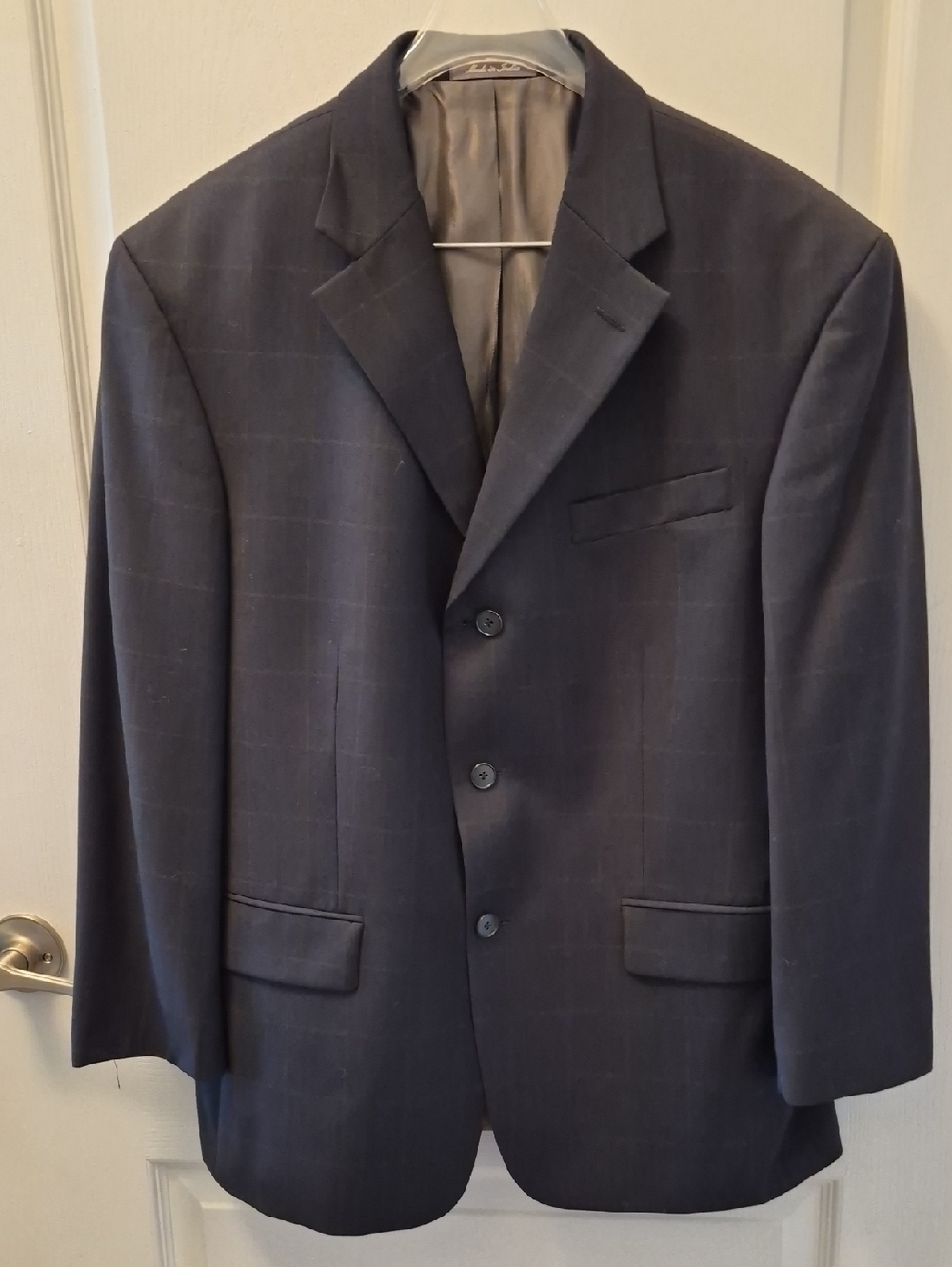 Oscar de la Renta Navy Windowpane Wool Blazer Size 40S W36 EUC